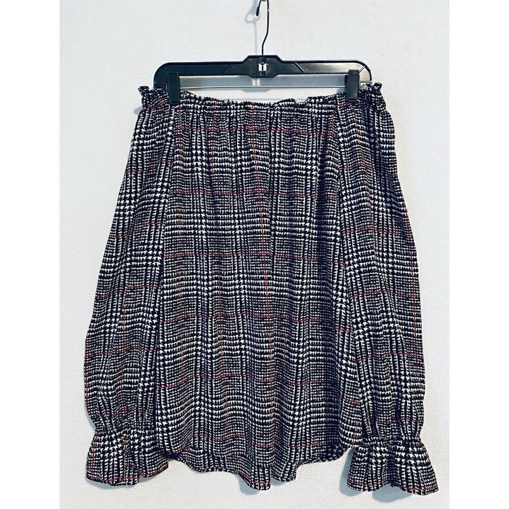 Talbots Top Womens XL Black White Plaid Off The Shoulder Bell Sleeve Flowy